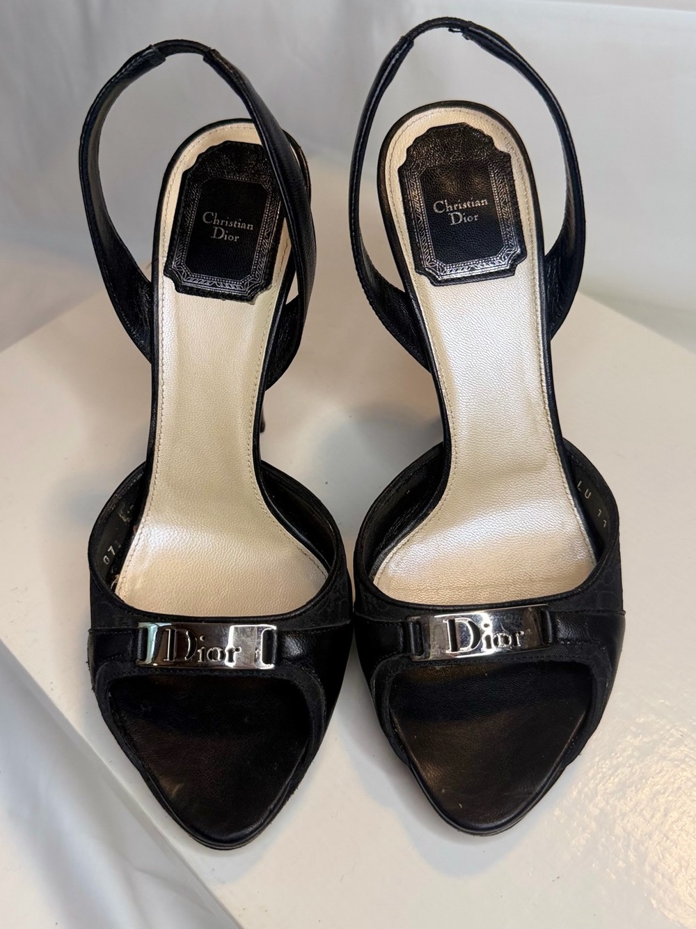 Dior Black Slingback Leather Heels with Silver Dior Plaque